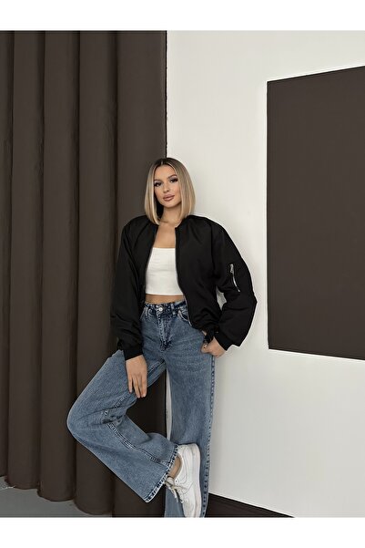LE CARAMBOLE Women's Black Zipper Detailed Bomber Jacket