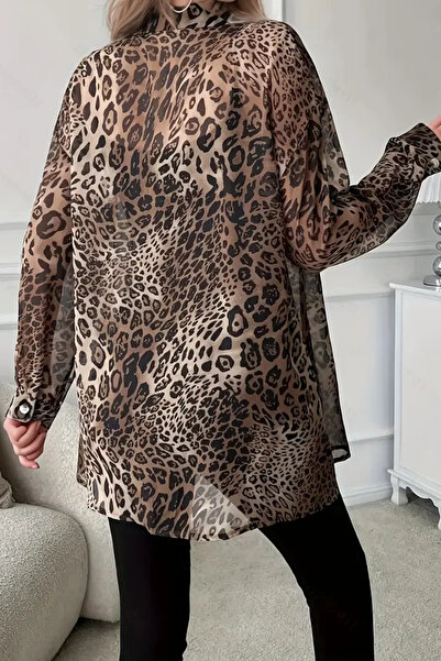 Arden Kadın Bluz, Leopar Desenli Şifon Gömlek - Uzun Kollu Gömlek Yakalı Düğmeli Büyük Beden Tunik, S-3XL