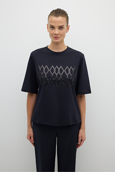 Roman Önü Payet Nakışlı Bisiklet Yaka T-shirt Lacivert K2623821_015