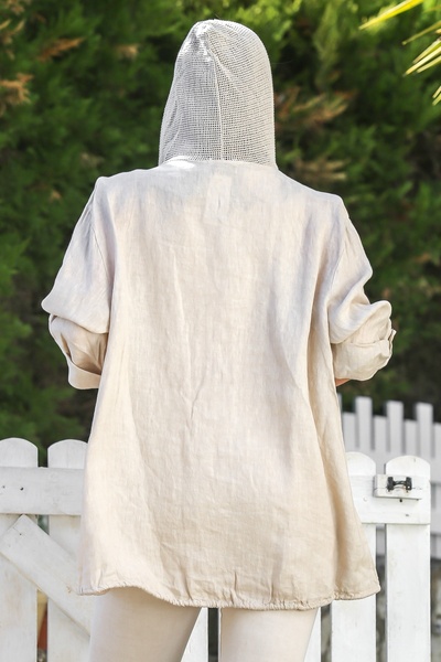 Chiccy Italian Beige K Hooded Buttoned Long Sleeve Zippered Pocket Mesh Detailed Linen Woven Jacket 75 65