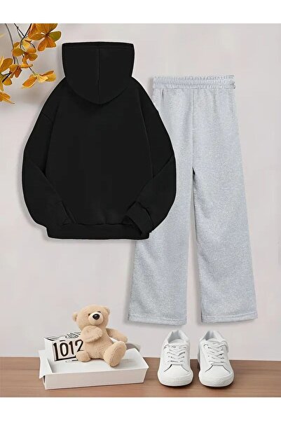 MORNİNG KİDS Girl's Black Hooded Capybara Printed Sweatshirt- Gray Loose Fit Tracksuit Set