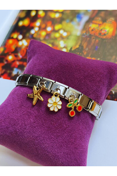 roshel 3 Adet Charm Hediyeli Çelik İtalyan Charm Bileklik Yıldız-Kiraz-Papaty...