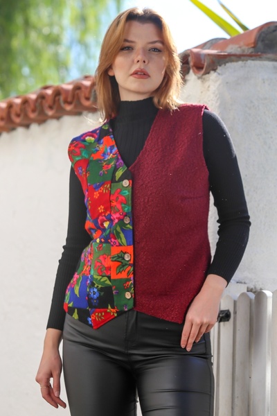 Chiccy Burgundy V-Neck Sleeveless Patchwork Printed Button Casual Boucle Woven Vest 65 55