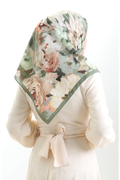 sefamerve Κασκόλ από φυσικές ίνες με σχέδιο λουλουδιών Karaca 82017-10 Πράσινο καφέ