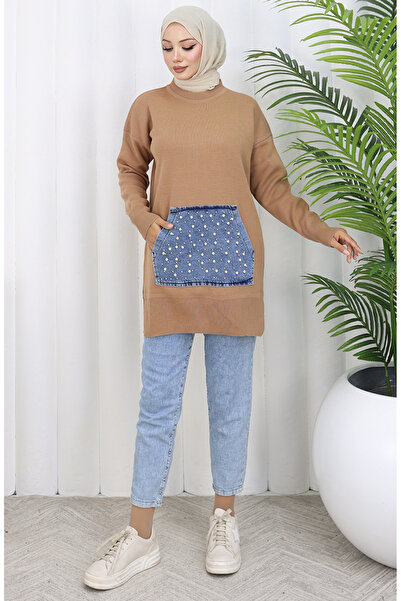 sefamerve Knitwear Kangaroo Pocket Pearl Detailed Tunic 3030-04 Milky Coffee