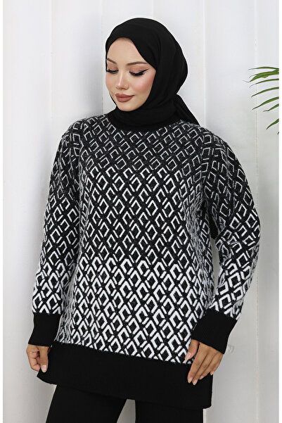 sefamerve Knitted patterned tunic pants two-piece set 1085-08 black