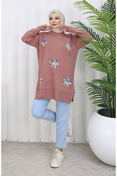 sefamerve Triko Garnili Tunik 3010-01 Gül Kurusu