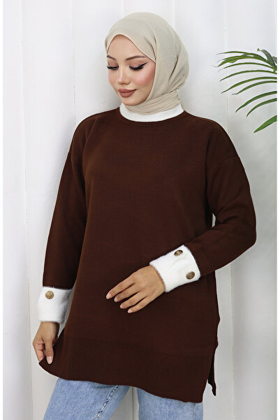 sefamerve Strickwaren-Tunika mit Knopfdetail am Ärmel, garniert, 3000-08 Braun