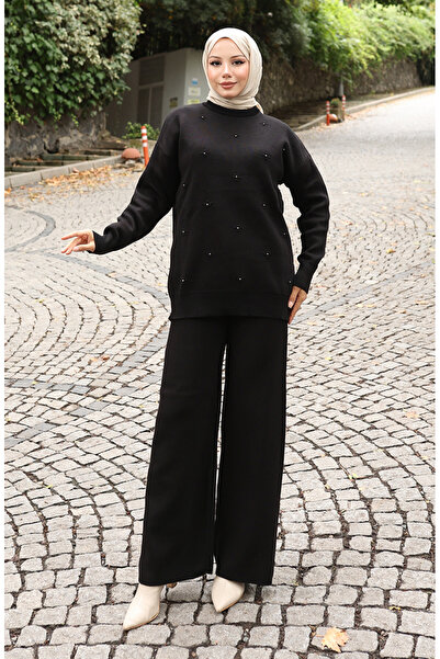 sefamerve Strickwaren-Set mit Steindetails, Pullover und Hose, zweiteilig, 0019-04, Schwarz