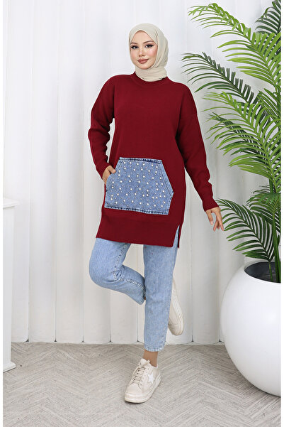 sefamerve Strickwaren Tunika mit Kängurutasche und Perlendetail 3030-08 Weinrot