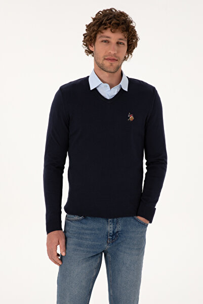 U.S. Polo Assn. Men's Slim Fit V-Neck Navy Blue Basic Sweater 50307778-Vr033