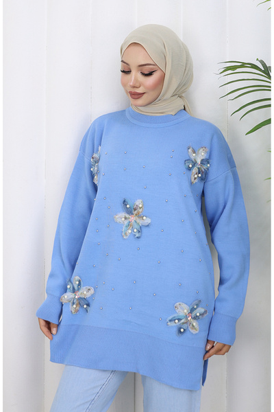 sefamerve Triko Garnili Tunik 3010-10 Mavi