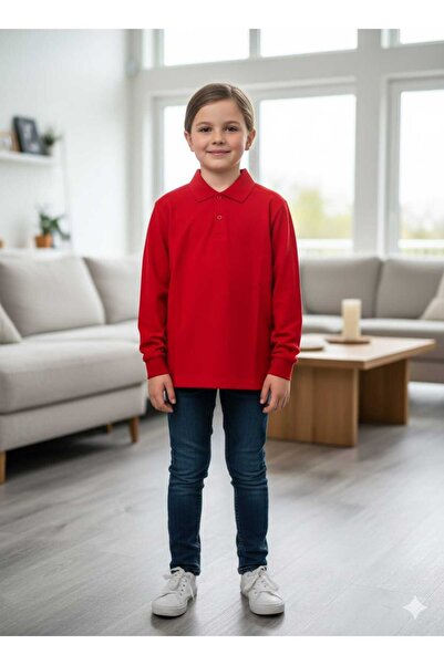 ZACHARIUZ Unisex Children's Polo Neck School Basic Red Long Sleeve T-Shirt