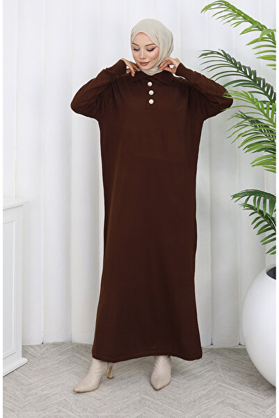 sefamerve Knitwear Polo Neck Button Dress 1141-04 Brown