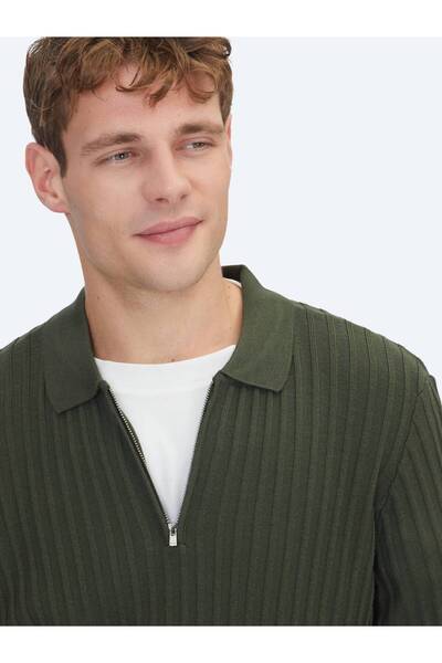 Kip Haki Polo Yaka Jakarlı Yün Karışımlı Triko Kazak