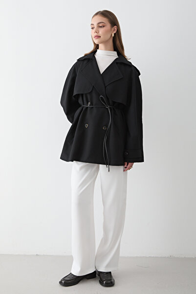 JASTE Kadın Siyah Kruvaze Yaka Astarlı Kemer Detaylı Trençkot