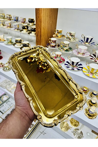 LOKMAN ZÜCCACİYE SHOWROOM 6 Pieces Boton Gold Cast Brass Coffee Tea Presentation Tray