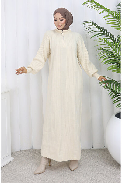 sefamerve Tricotaj material reiat Rochie cu fermoar 0005-07 Bej