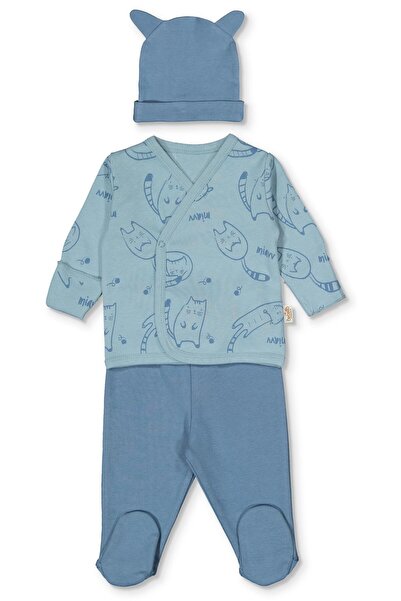 Bebetto ORGANİK İNTERLOK ZIBIN SET 3LÜ (ORGANIC SLEEPY CAT) İNDİGO