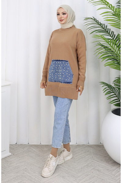 sefamerve Knitwear Kangaroo Pocket Pearl Detailed Tunic 3030-04 Milky Coffee