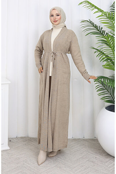 sefamerve Πλεκτό Μακρύ Ζακέτα με Τσέπες 0036-04 Μπεζ