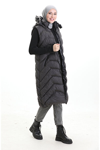 sefamerve Hooded Zippered Puffer Long Vest 0179-02 Anthracite
