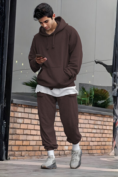 YAKAMEL طقم رياضي رجالي قصة فضفاضة 3İpliği Ş مبطن بالصوف الأساسي