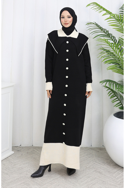 sefamerve Triko Boydan Düğme Yaka Detaylı Elbise 0513-02 Siyah