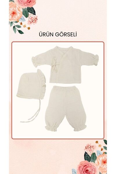 %100 Müslin Kumaş Ekru Renk Alt Üst Şapka Bebek Takımı
