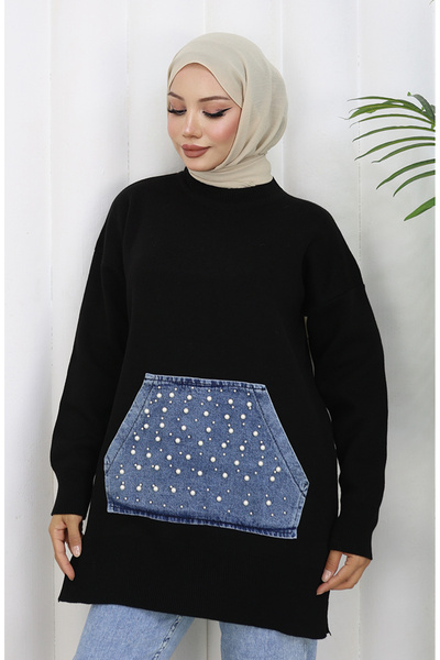 sefamerve Πλεκτό κανγκουρό με τσέπες με λεπτομέρεια από πέρλες 3030-02 Μαύρο