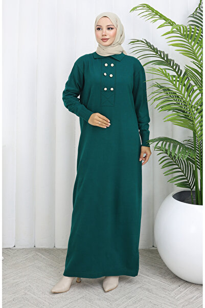 sefamerve Πλεκτό φόρεμα με λαιμόκοψη πόλο με λεπτομέρεια με κουμπιά 0007-03 Petrol