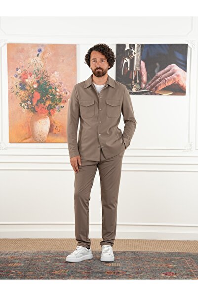 PAREZ Erkek Slim Fit İtalyan Stil Safari Takım Ceket Pantolon XPRZCOM8462