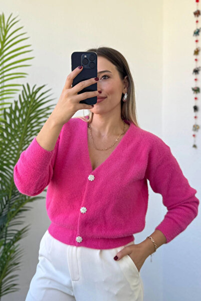 Kubos Moda Γυναικεία ζακέτα με μαλακή γένια φούξια με λαιμόκοψη σε σχήμα V