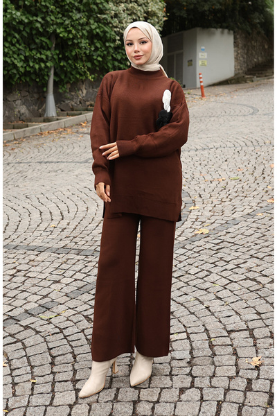 sefamerve Knitwear Turtleneck Tunic Trousers Double Suit 1015-05 Brown