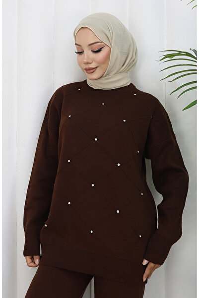 sefamerve Triko Baklava Desenli Taşlı Kazak Pantolon İkili Takım 0018-04 Kahverengi