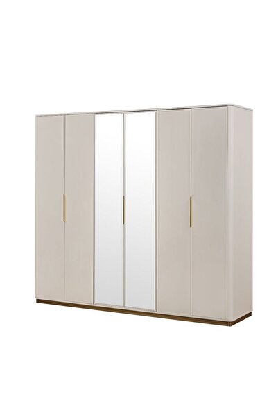 Danube Home خزانة ملابس أشتون بستة أبواب - بيج لامع وذهبي مصقول، مصنوعة من الخشب الهندسي مع مرآة، 240×60×215 سم