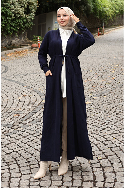 sefamerve Πλεκτό κοτλέ Μακριά Ζακέτα 0030-03 Ναυτικό Μπλε