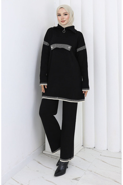 sefamerve Triko Dik Yaka Fermuarlı Tunik Pantolon İkili Takım 1105-01 Siyah