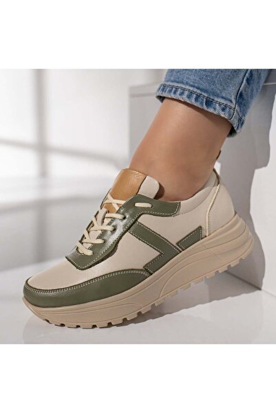 BMoD Teniși bej și verzi pentru femei din piele naturală cu șireturi MOD12092