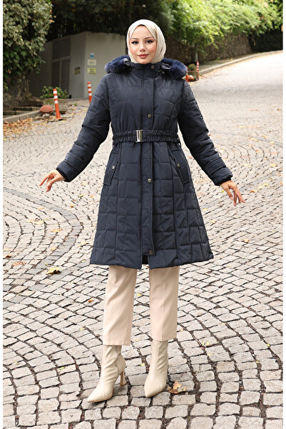 sefamerve Fur Hooded Belted Quilted Coat 6307-02 Navy Blue