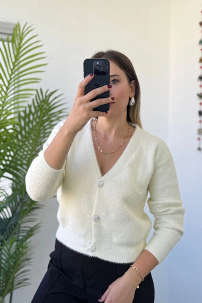 Kubos Moda Soft Bearded Ecru V-Neck Women's Cardigan