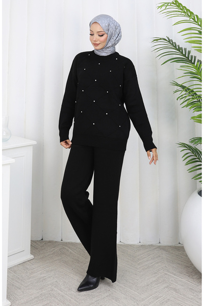 sefamerve Triko Baklava Desenli Taşlı Kazak Pantolon İkili Takım 0018-06 Siyah