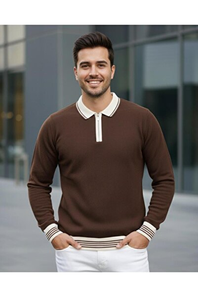 Miron Ανδρικό πλεκτό πουλόβερ με φερμουάρ και λαιμόκοψη σε καφέ χρώμα - 2539