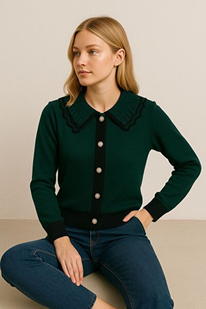 Sfg Life Moda Women's Trendy Stylish Knitwear Jacket-Cardigan with Ruffled Collar, Buttoned Front and Black Edge Detail