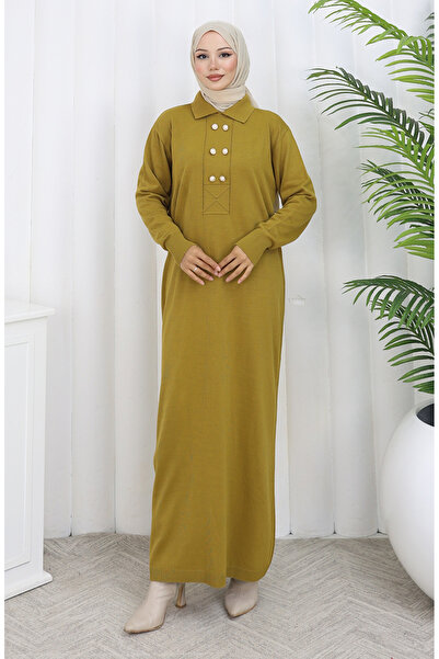 sefamerve Strickkleid mit Polokragen und Knopfdetail 0007-07 Fettgrün