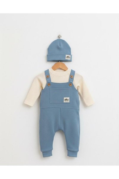 P&H BABYWEAR 100% Cotton Waffle Fabric Baby Boy Set – Salopet, Bodysuit and Beanie Three-Piece Set