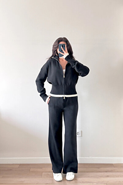 Eka Set de tricotaje negre pentru femei cu fermoar 0999-9508