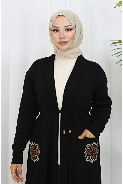 sefamerve Πλεκτό Κεντητό Μακρύ Ζακέτα 0022-04 Μαύρο