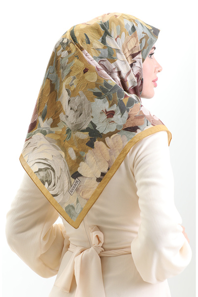 sefamerve Κασκόλ από φυσικές ίνες με σχέδιο λουλουδιών Karaca 82017-03 Πράσινο μουσταρδί