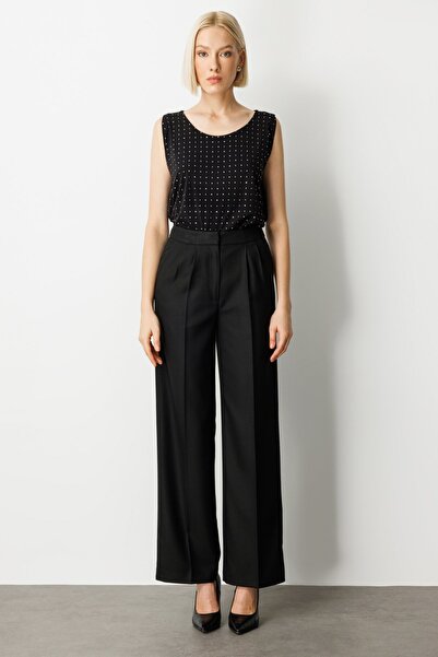 Ekol Pile Detailed Wide Leg Trousers Black 5059-26K